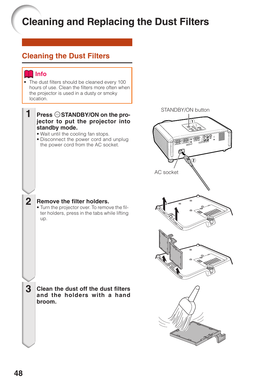 Cleaning and replacing the dust filters, Cleaning and replacing the dust, Filters | 12 3 cleaning and replacing the dust filters | Sharp XG-MB55X-L User Manual | Page 52 / 71