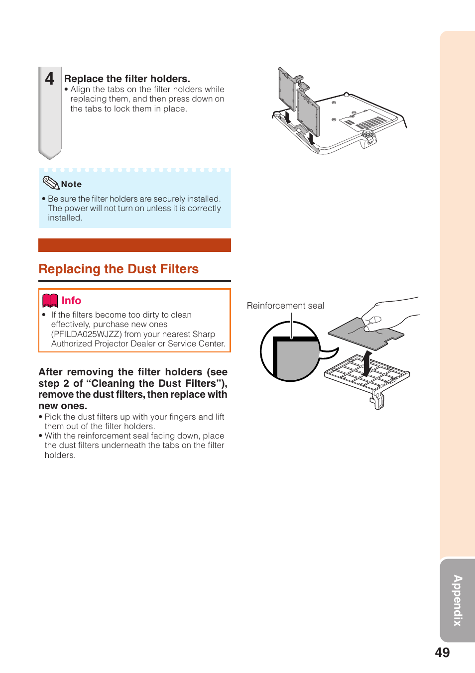 Replacing the dust filters | Sharp XG-MB55X-L User Manual | Page 53 / 71
