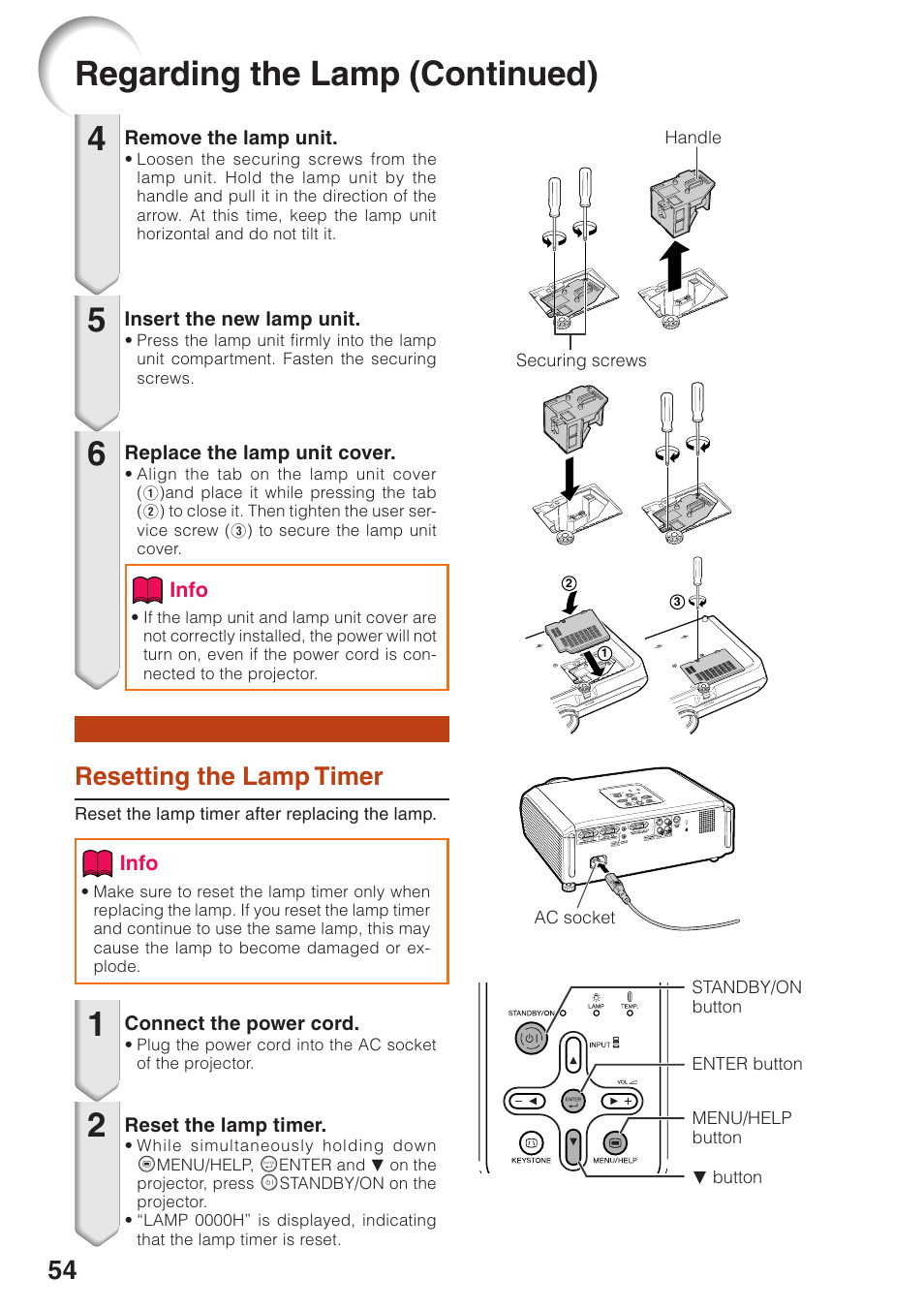 Resetting the lamp timer, Regarding the lamp (continued) | Sharp XG-MB55X-L User Manual | Page 58 / 71