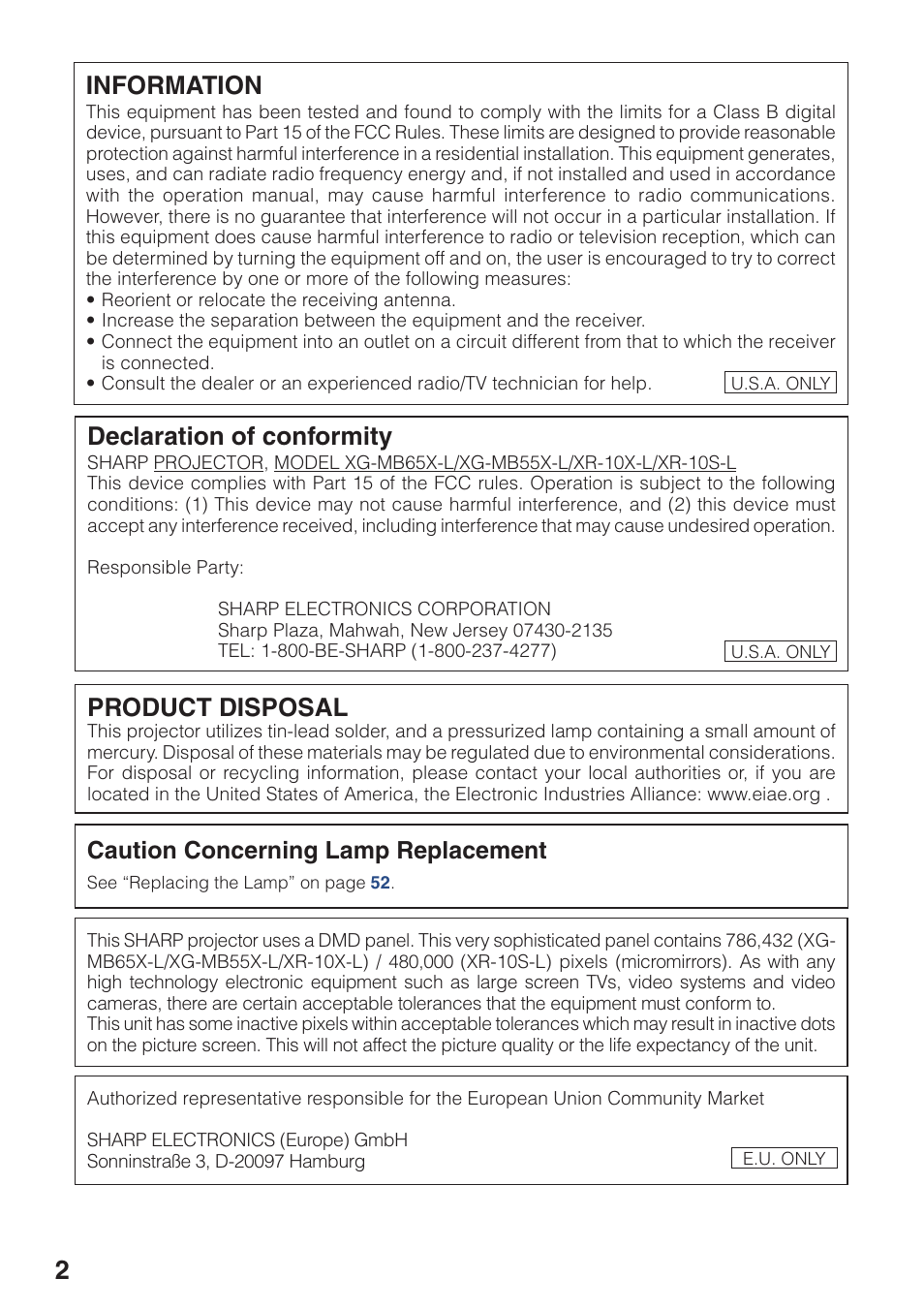 Product disposal, Information, Declaration of conformity | Caution concerning lamp replacement | Sharp XG-MB55X-L User Manual | Page 6 / 71
