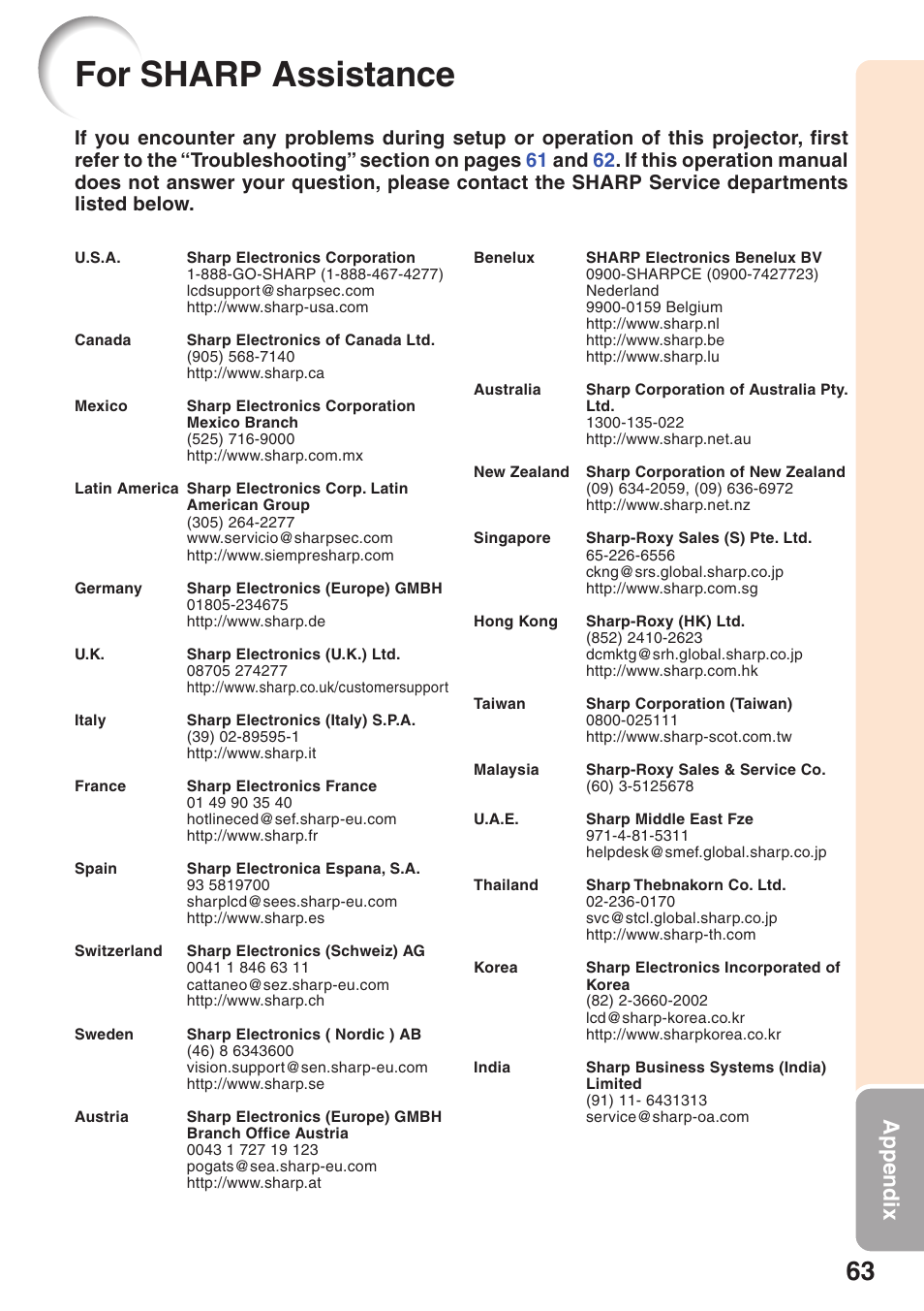 For sharp assistance, Appendix | Sharp XG-MB55X-L User Manual | Page 67 / 71