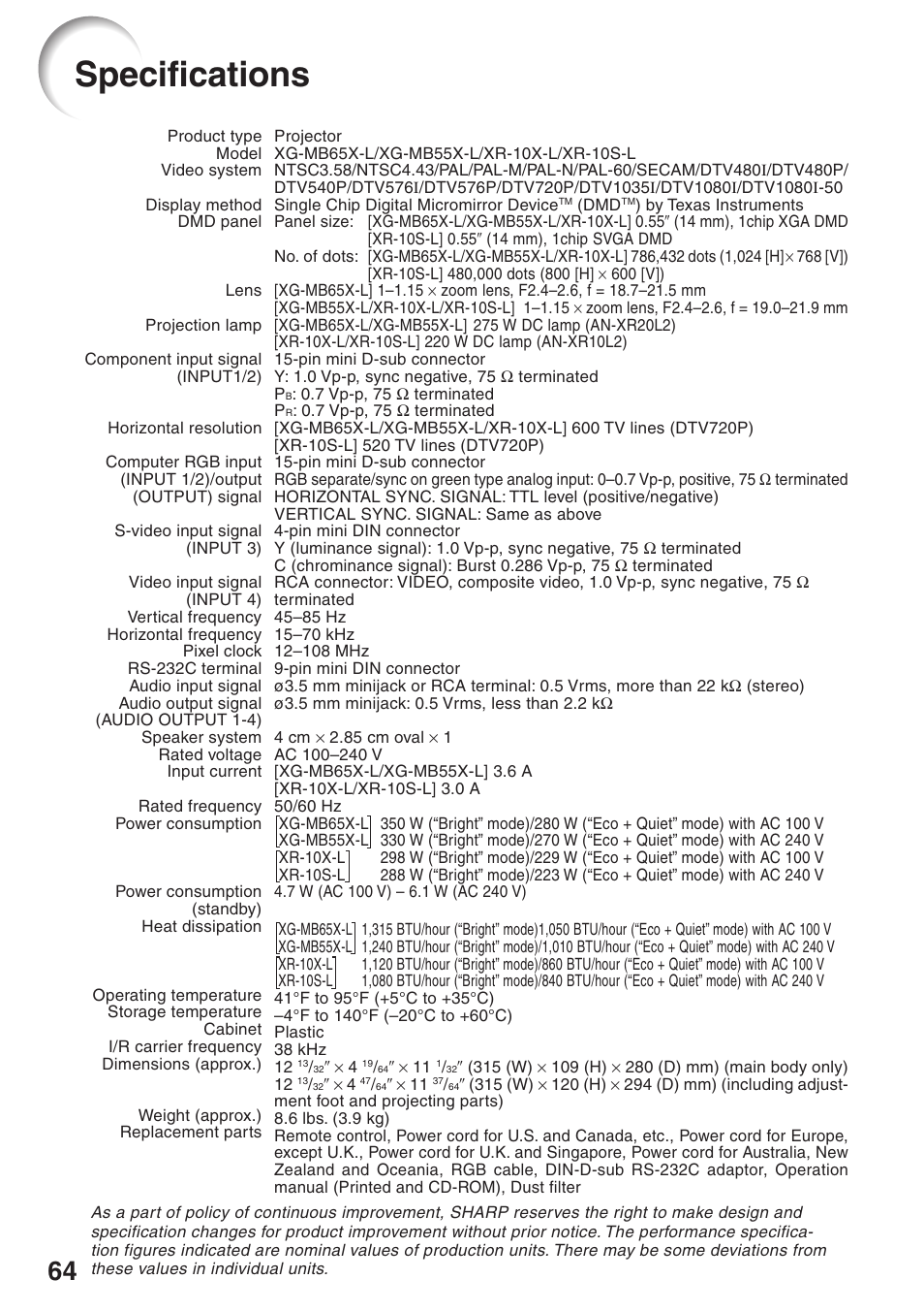 Specifications | Sharp XG-MB55X-L User Manual | Page 68 / 71