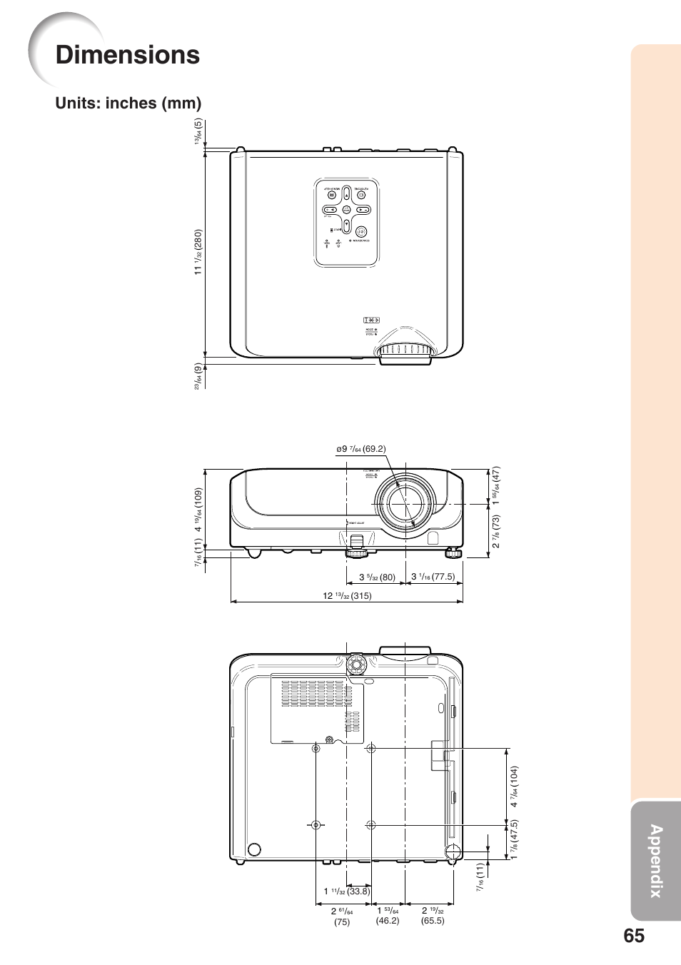 Dimensions, Appendix, Units: inches (mm) | Sharp XG-MB55X-L User Manual | Page 69 / 71