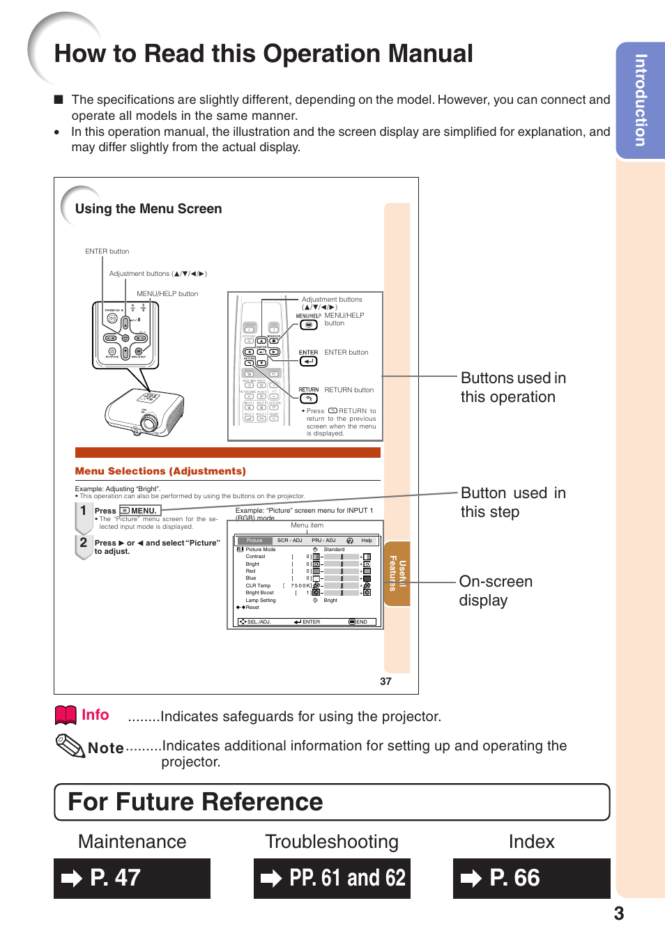How to read this operation manual, For future reference, Index maintenance troubleshooting | Intr oduction, Info, Indicates safeguards for using the projector, Using the menu screen | Sharp XG-MB55X-L User Manual | Page 7 / 71