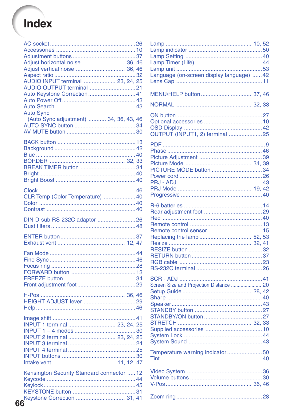 Index, P. 66 | Sharp XG-MB55X-L User Manual | Page 70 / 71