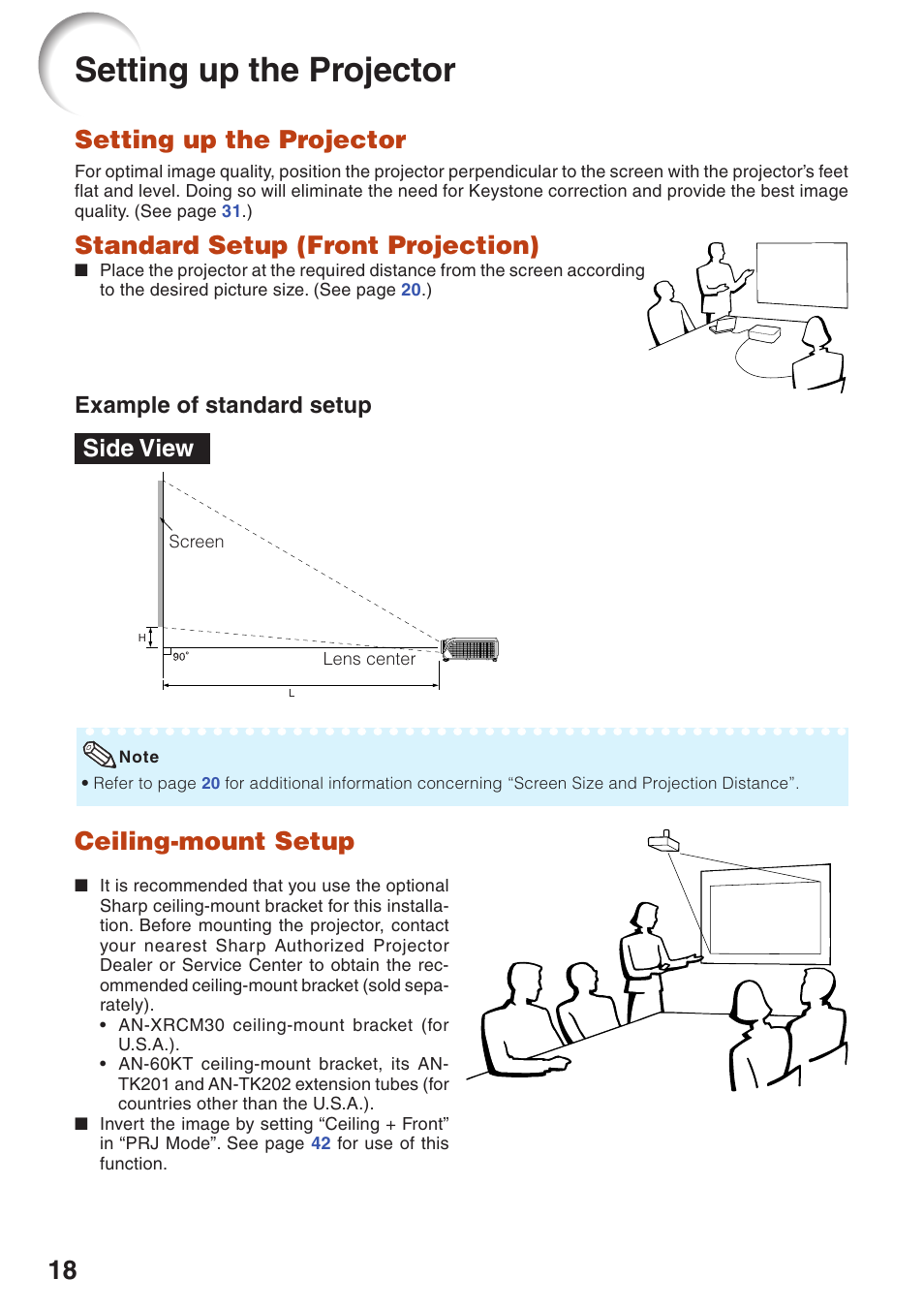 Setup, Setting up the projector, Standard setup (front projection) | Ceiling-mount setup, P. 18, Side view, Example of standard setup | Sharp XR-10S User Manual | Page 22 / 69