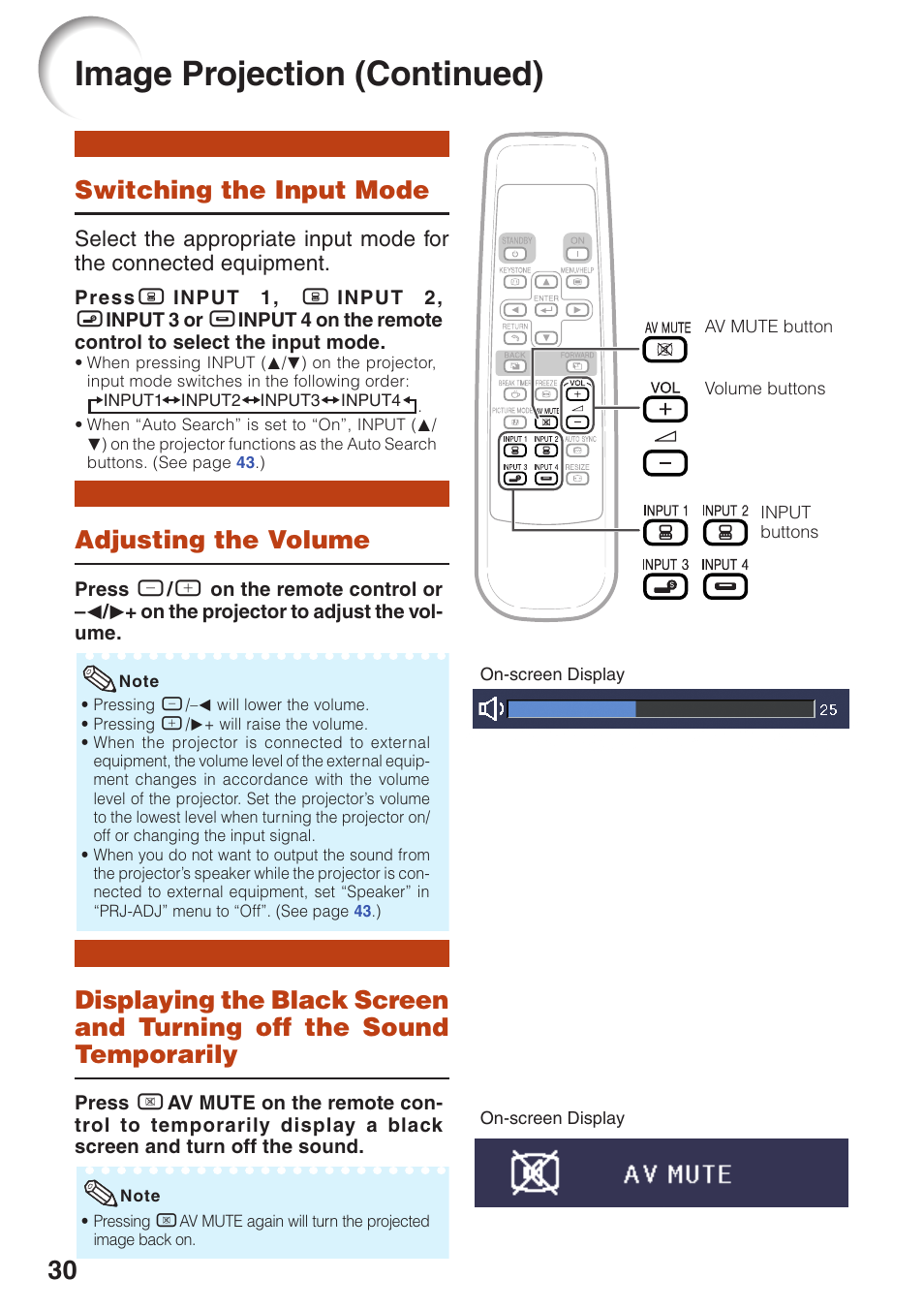 Switching the input mode, Adjusting the volume, Off the sound temporarily | P. 30, Image projection (continued) | Sharp XR-10S User Manual | Page 34 / 69