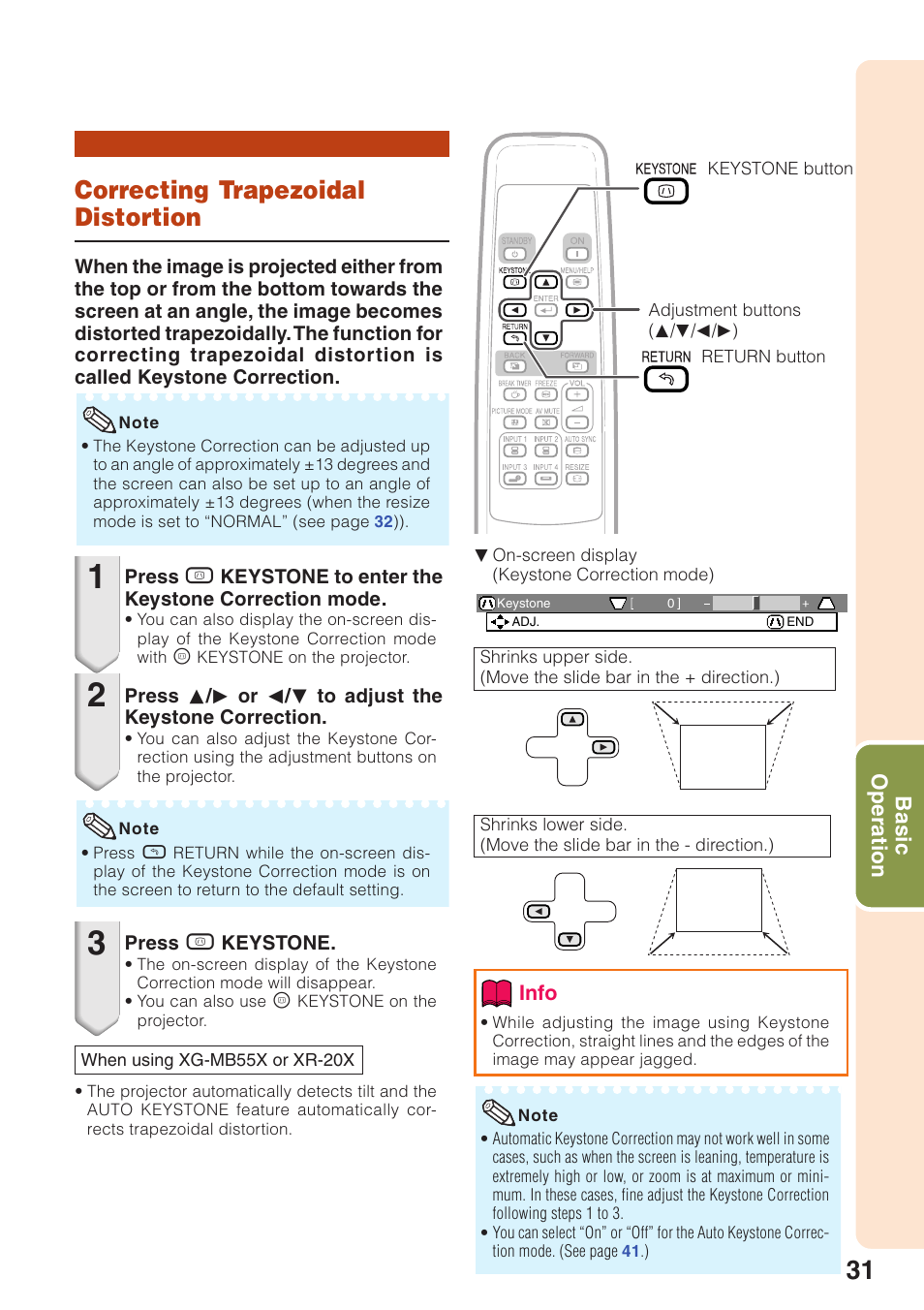 Correcting trapezoidal distortion, P. 31 | Sharp XR-10S User Manual | Page 35 / 69