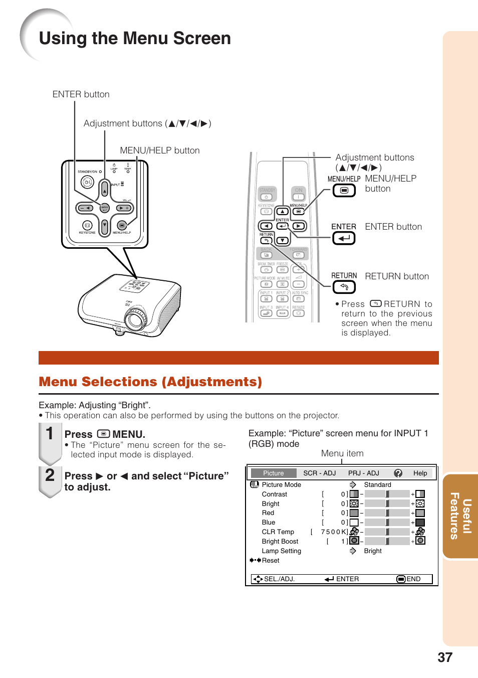 Using the menu screen, Menu selections (adjustments), Useful features | Sharp XR-10S User Manual | Page 41 / 69