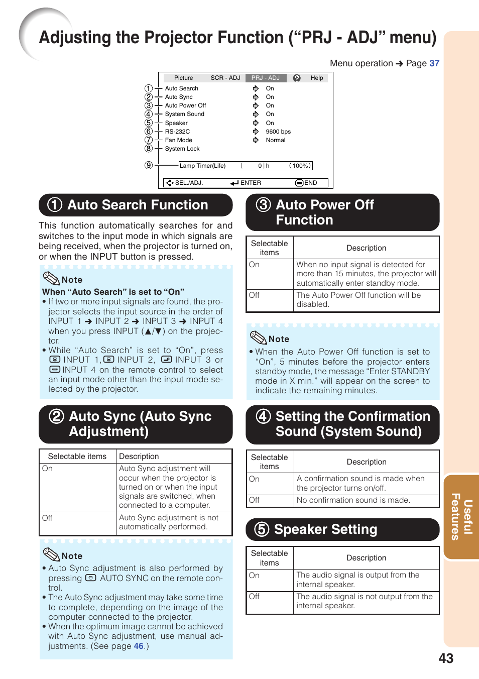 Auto search function, Auto sync (auto sync adjustment), Auto power off function | Setting the confirmation sound (system sound), Speaker setting, Adjusting the projector function, Prj - adj” menu), System sound), 11 auto search function, 22 auto sync (auto sync adjustment) | Sharp XR-10S User Manual | Page 47 / 69