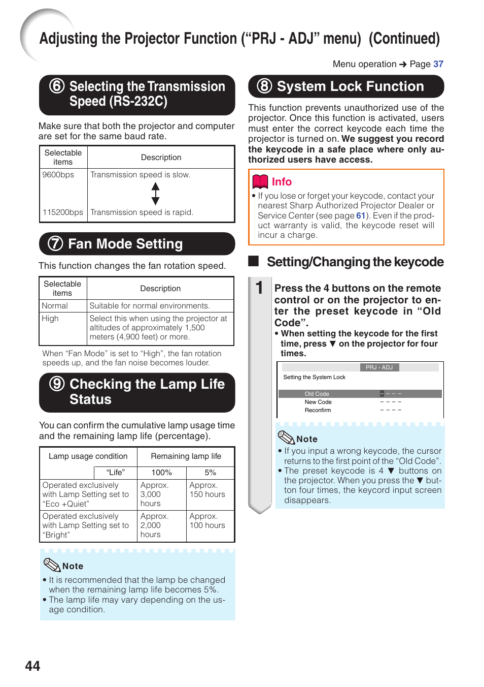 Selecting the transmission speed (rs-232c), Fan mode setting, Checking the lamp life status | System lock function, Selecting the transmission speed, Rs-232c), 88 system lock function, 77 fan mode setting, 99 checking the lamp life status, A setting/changing the keycode | Sharp XR-10S User Manual | Page 48 / 69