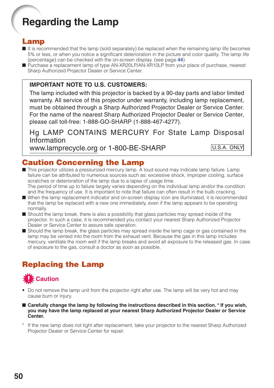 Regarding the lamp, Lamp, Caution concerning the lamp | Replacing the lamp | Sharp XR-10S User Manual | Page 54 / 69