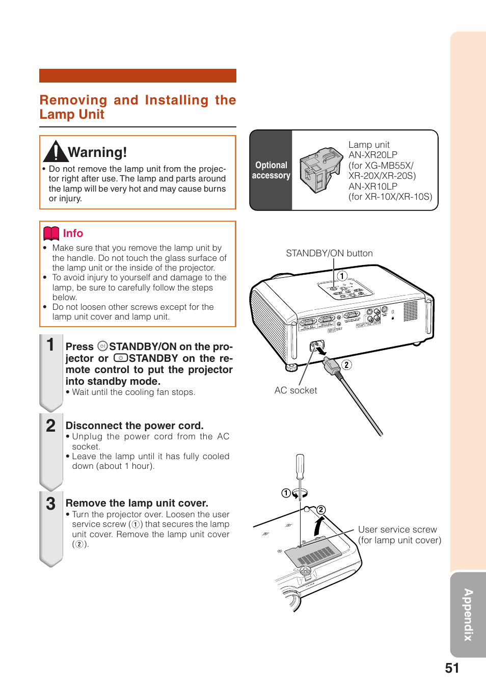 Removing and installing the lamp unit, Removing and installing, The lamp unit | Warning | Sharp XR-10S User Manual | Page 55 / 69