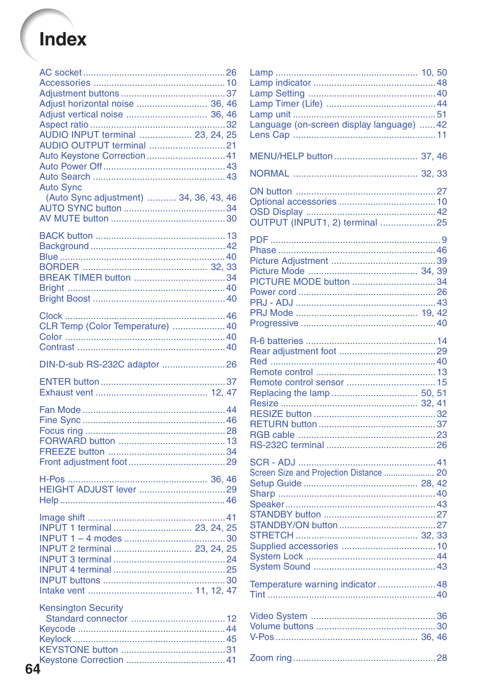 Index, P. 64 | Sharp XR-10S User Manual | Page 68 / 69