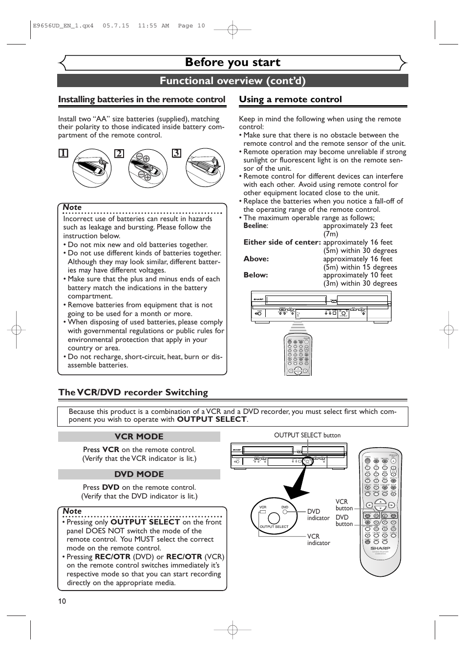 Before you start, Functional overview (cont’d), Using a remote control | Installing batteries in the remote control, The vcr/dvd recorder switching | Sharp DV-RW550U User Manual | Page 10 / 112