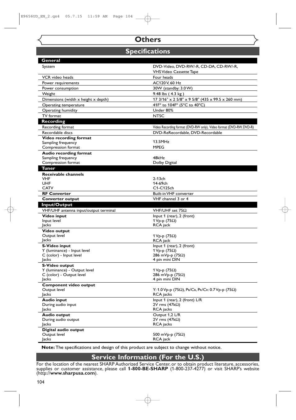 Others, Specifications, Service information (for the u.s.) | Sharp DV-RW550U User Manual | Page 104 / 112