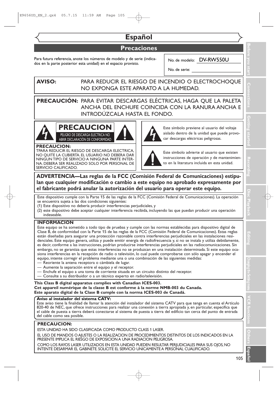 Español, Precaucion, Precaciones | Dv-rw550u | Sharp DV-RW550U User Manual | Page 105 / 112