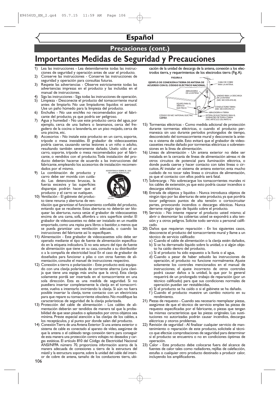 Importantes medidas de seguridad y precauciones, Español, Precaciones (cont.) | Sharp DV-RW550U User Manual | Page 106 / 112