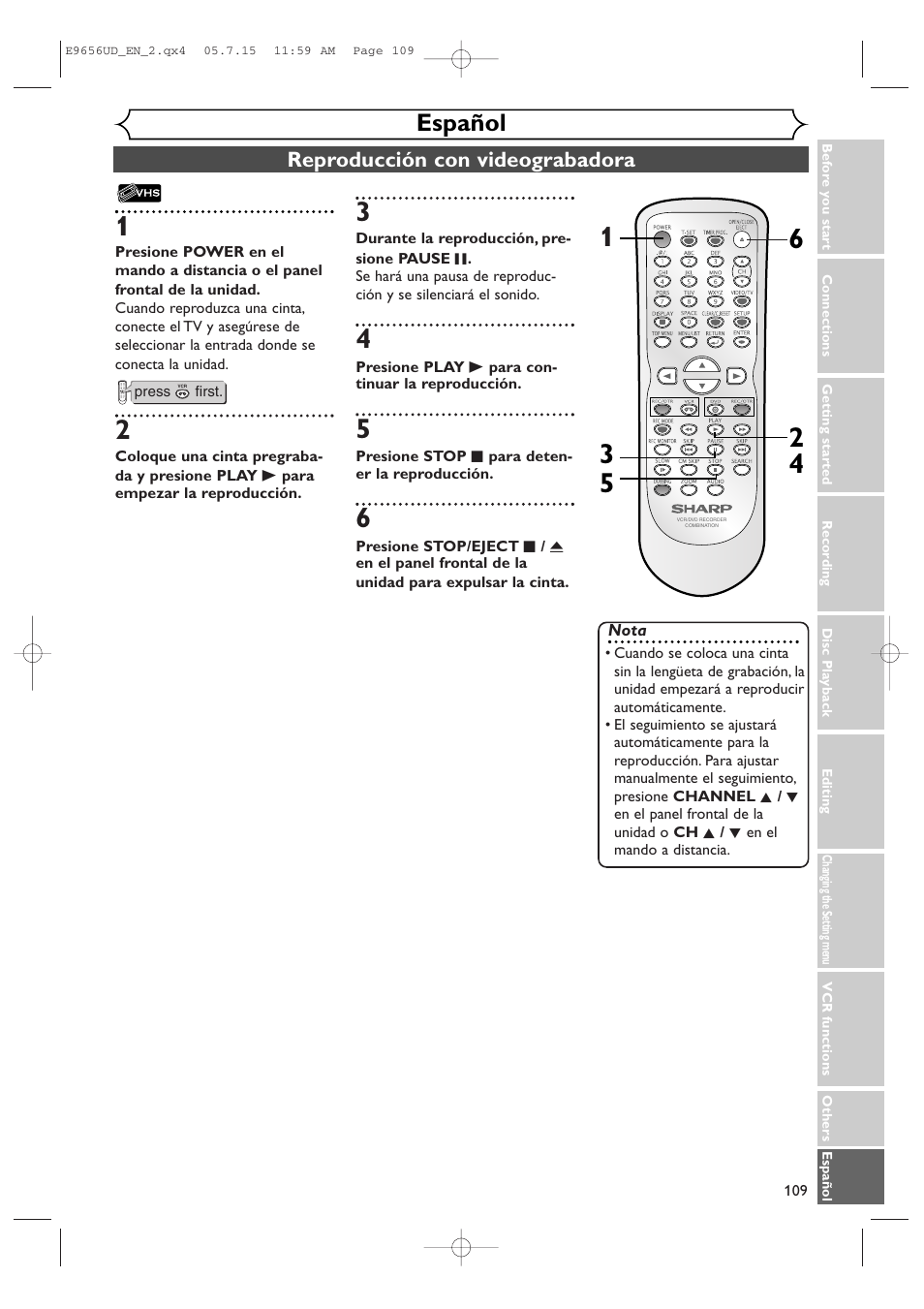 Español, Reproducción con videograbadora | Sharp DV-RW550U User Manual | Page 109 / 112