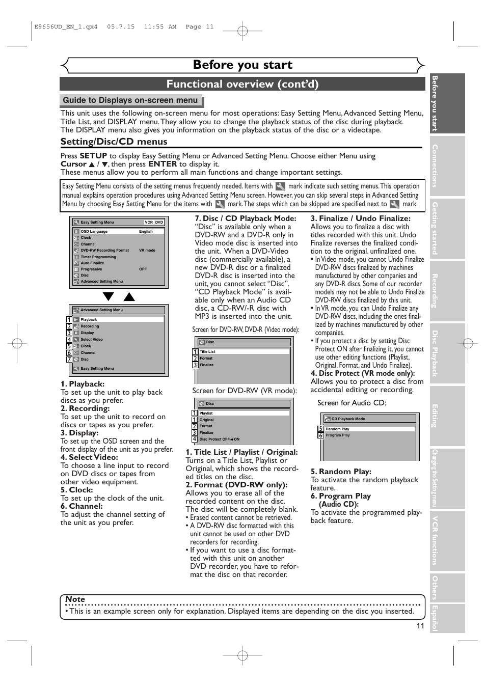 Before you start, Functional overview (cont’d), Setting/disc/cd menus | Sharp DV-RW550U User Manual | Page 11 / 112