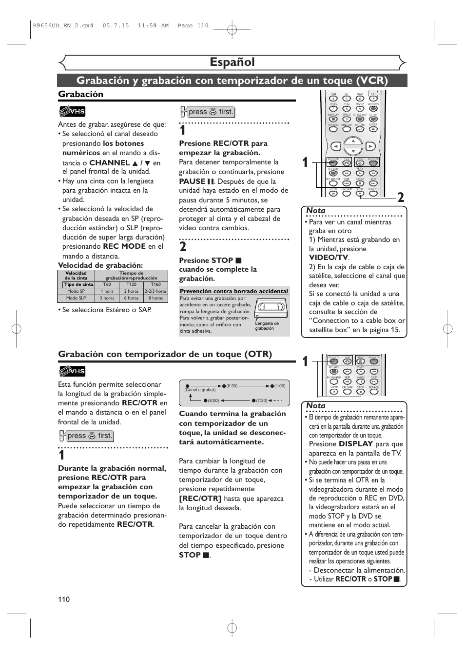 Español, Grabación con temporizador de un toque (otr), Grabación | Sharp DV-RW550U User Manual | Page 110 / 112