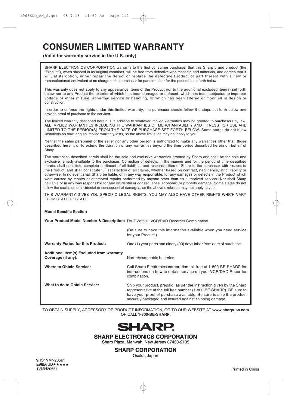 Consumer limited warranty, Sharp electronics corporation, Sharp corporation sharp electronics corporation | Sharp corporation | Sharp DV-RW550U User Manual | Page 112 / 112