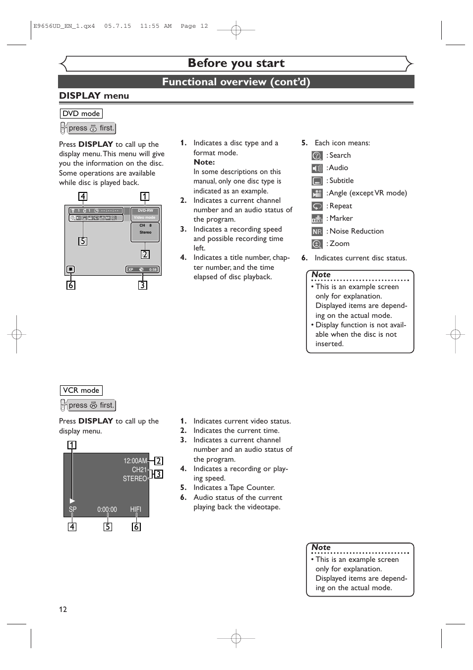 Before you start, Functional overview (cont’d), Display menu | Sharp DV-RW550U User Manual | Page 12 / 112