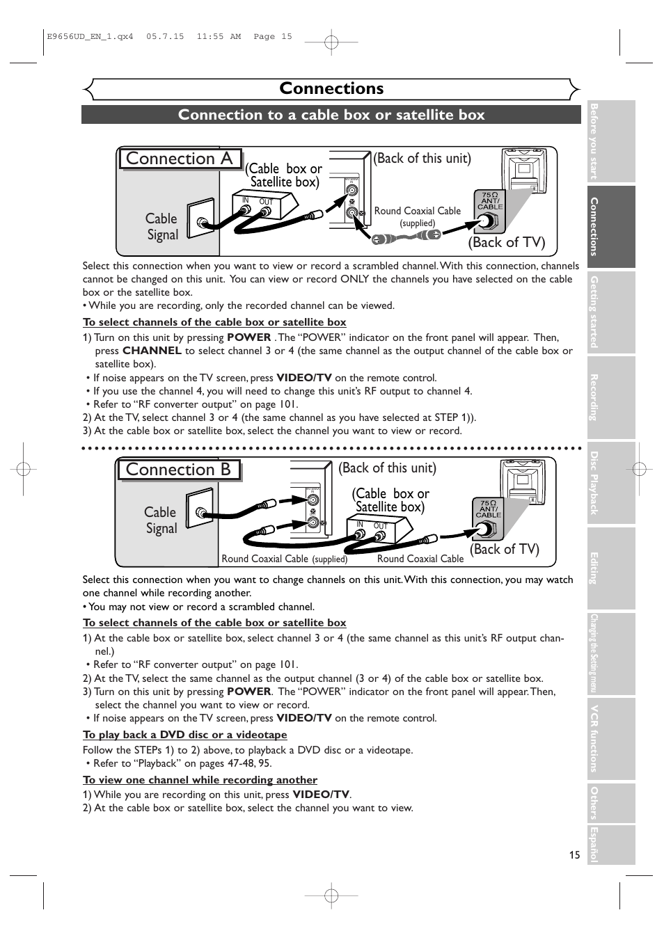 Connection a, Connection b, Connections | Connection to a cable box or satellite box, Back of this unit), Back of tv) cable signal, Cable box or satellite box), Back of tv), Cable box or satellite box) cable signal | Sharp DV-RW550U User Manual | Page 15 / 112