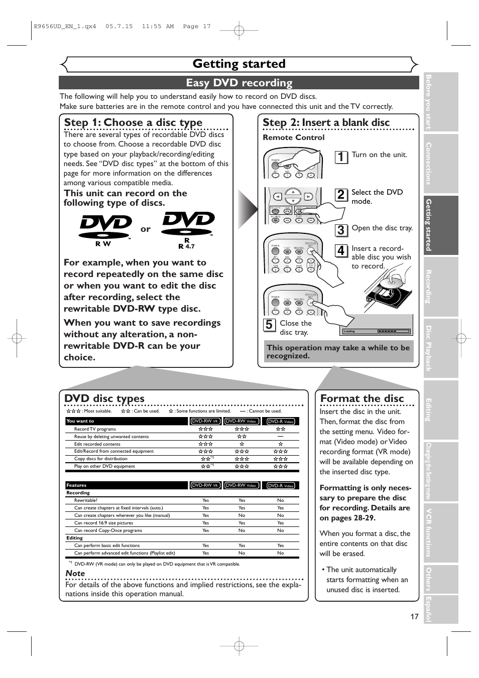 Getting started, Easy dvd recording, Step 1: choose a disc type | Step 2: insert a blank disc, Format the disc, Dvd disc types, Turn on the unit, Close the disc tray, This operation may take a while to be recognized | Sharp DV-RW550U User Manual | Page 17 / 112