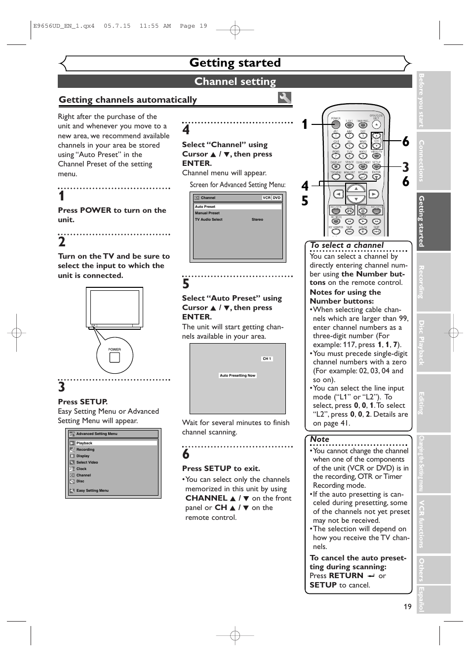 Getting started, Channel setting | Sharp DV-RW550U User Manual | Page 19 / 112