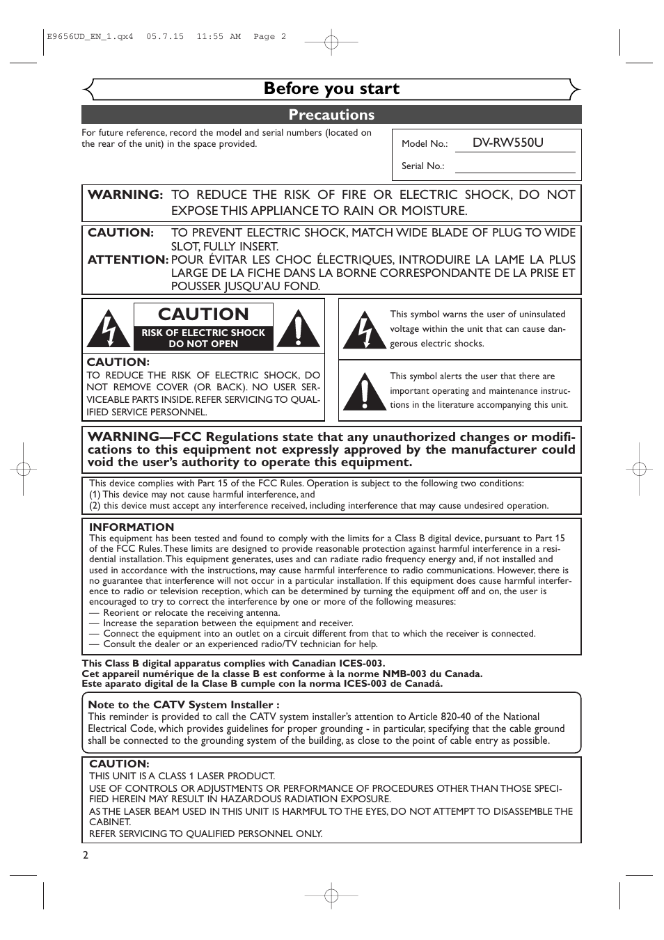 Before you start, Caution, Precautions | Sharp DV-RW550U User Manual | Page 2 / 112