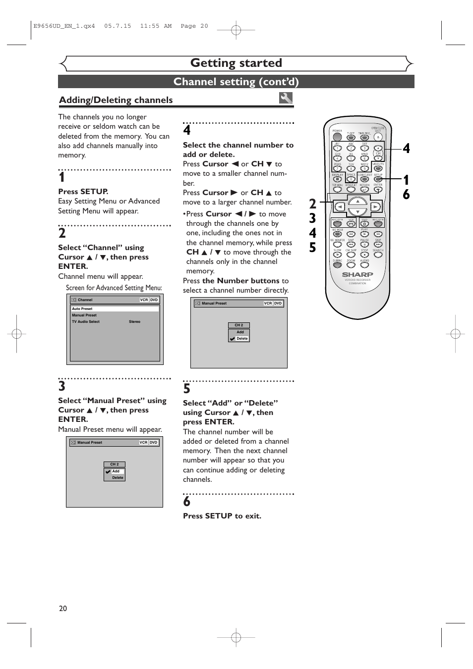 Getting started, Channel setting (cont’d), Adding/deleting channels | Sharp DV-RW550U User Manual | Page 20 / 112