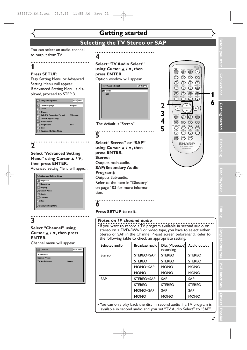 Getting started, Selecting the tv stereo or sap | Sharp DV-RW550U User Manual | Page 21 / 112