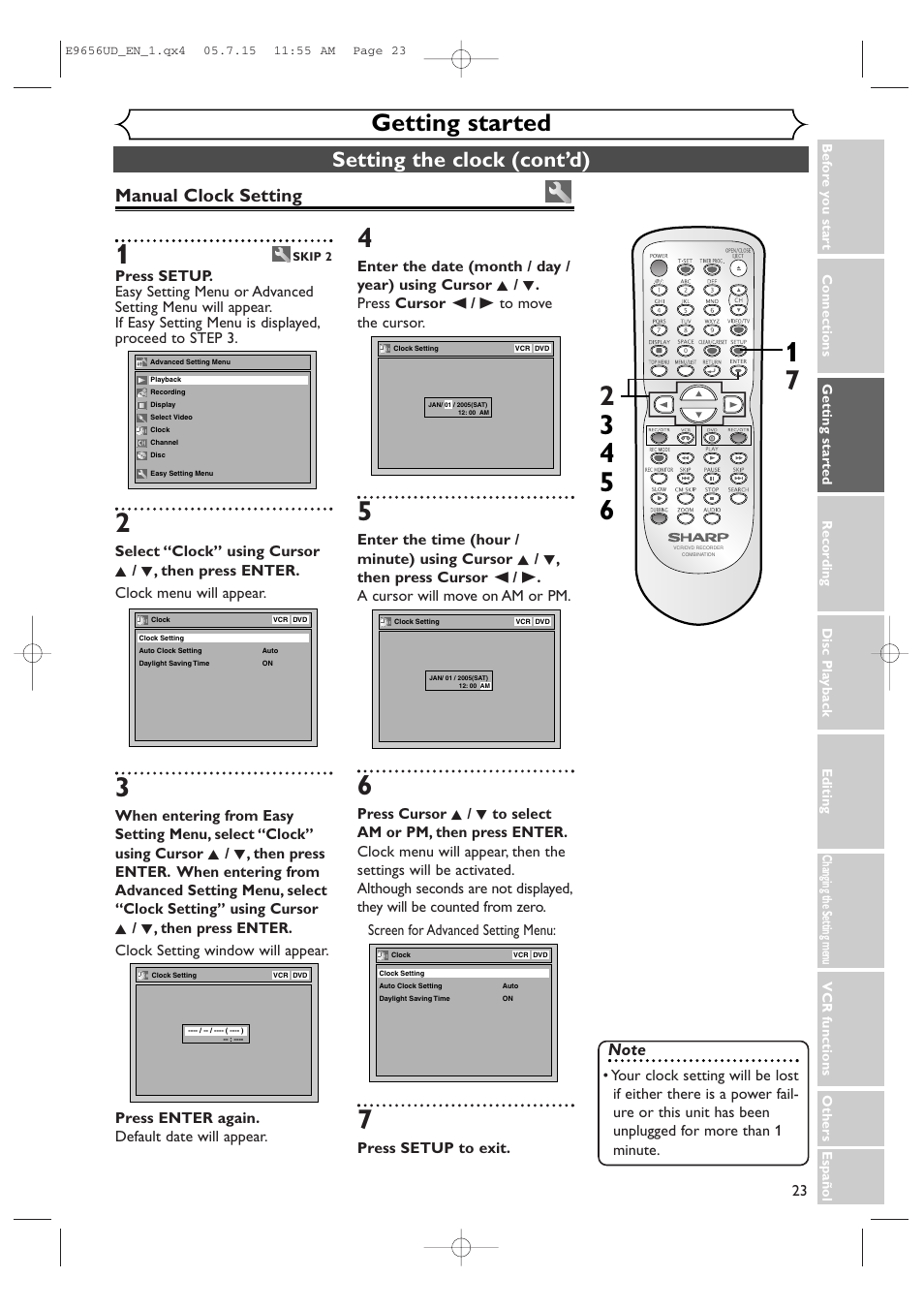 Getting started, Setting the clock (cont’d), Manual clock setting | Sharp DV-RW550U User Manual | Page 23 / 112