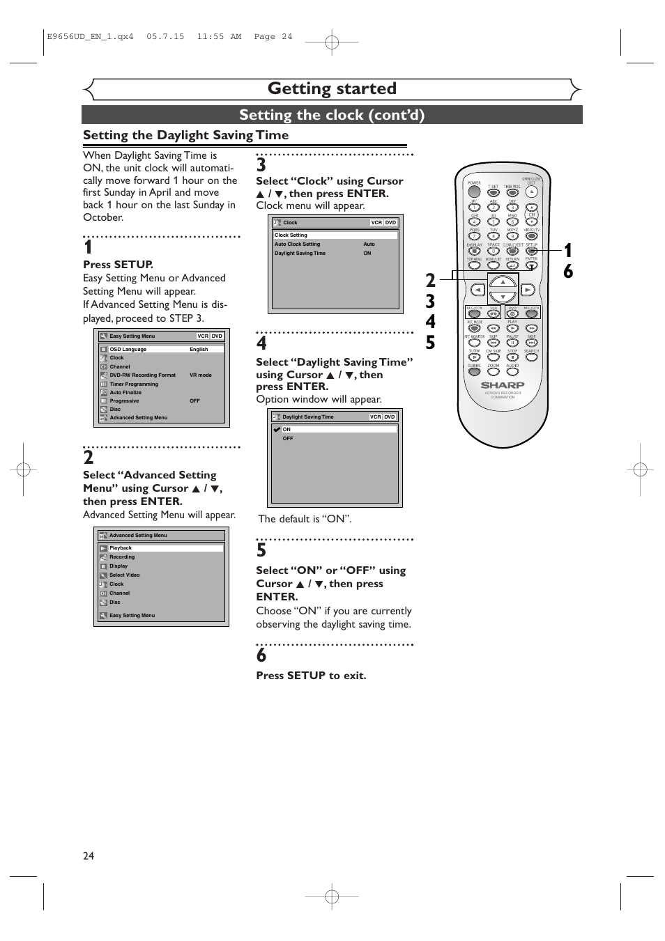 Getting started, Setting the clock (cont’d), Setting the daylight saving time | Press setup to exit | Sharp DV-RW550U User Manual | Page 24 / 112