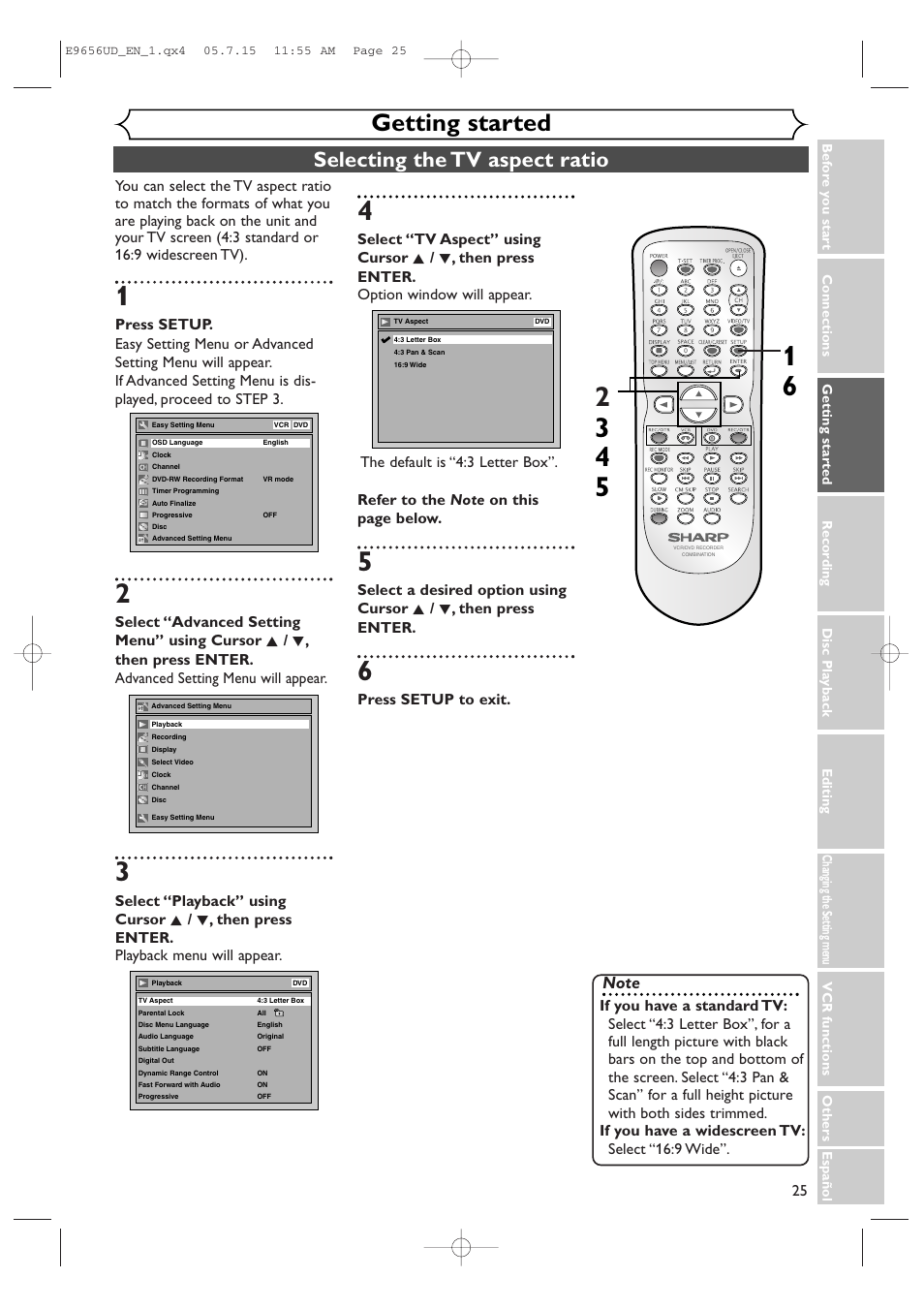 Getting started, Selecting the tv aspect ratio, Press setup to exit | Sharp DV-RW550U User Manual | Page 25 / 112