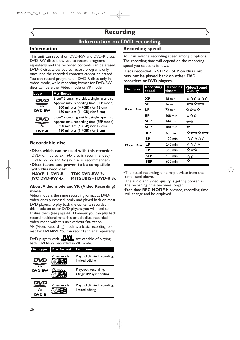 Recording, Information on dvd recording, Information | Recordable disc, Recording speed | Sharp DV-RW550U User Manual | Page 26 / 112