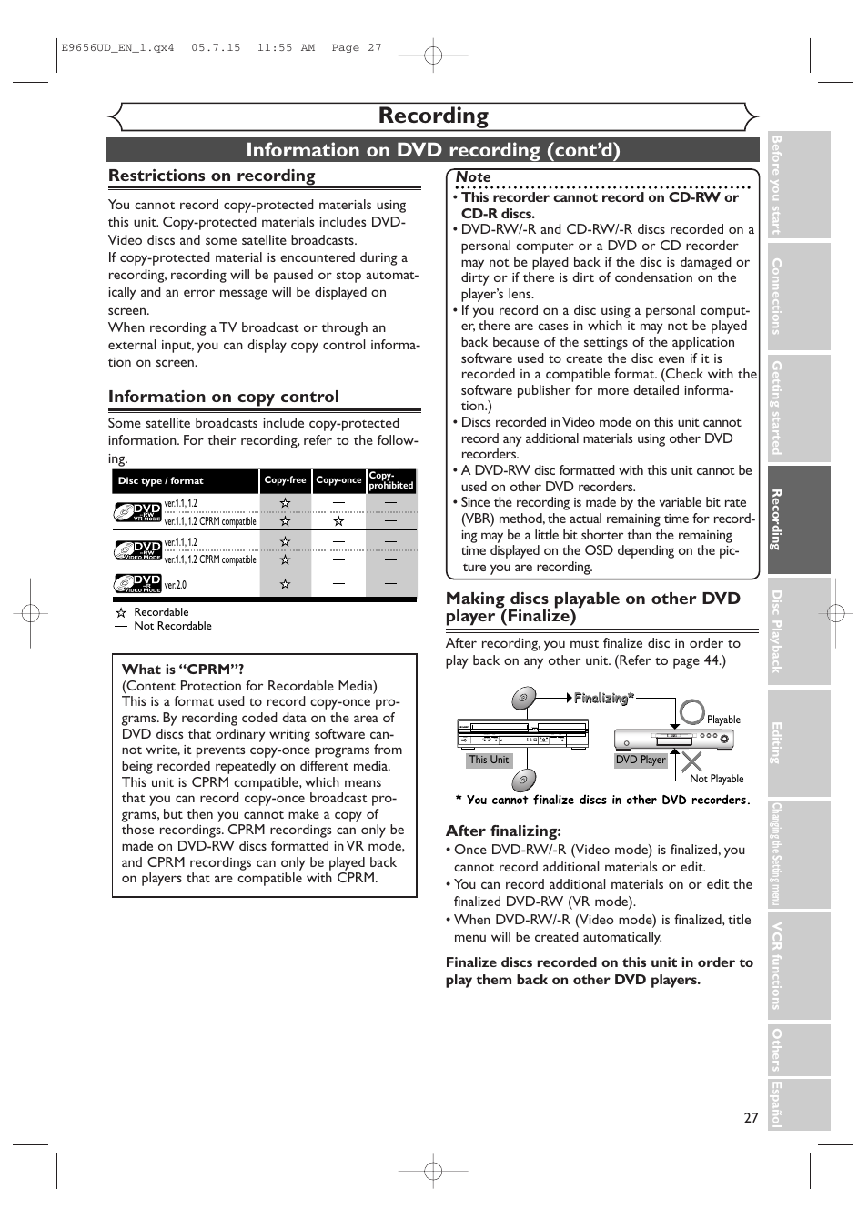 Recording, Information on dvd recording (cont’d), Restrictions on recording | Information on copy control | Sharp DV-RW550U User Manual | Page 27 / 112