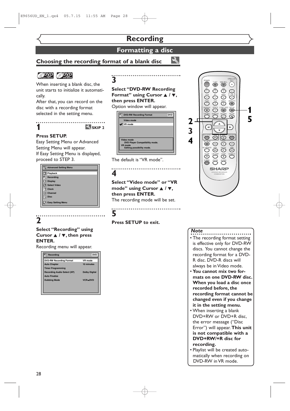 Recording, Formatting a disc, Choosing the recording format of a blank disc | Sharp DV-RW550U User Manual | Page 28 / 112