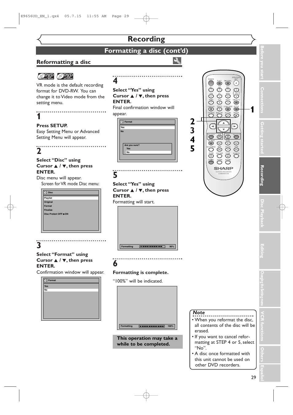 Recording, Formatting a disc (cont’d), Reformatting a disc | Sharp DV-RW550U User Manual | Page 29 / 112