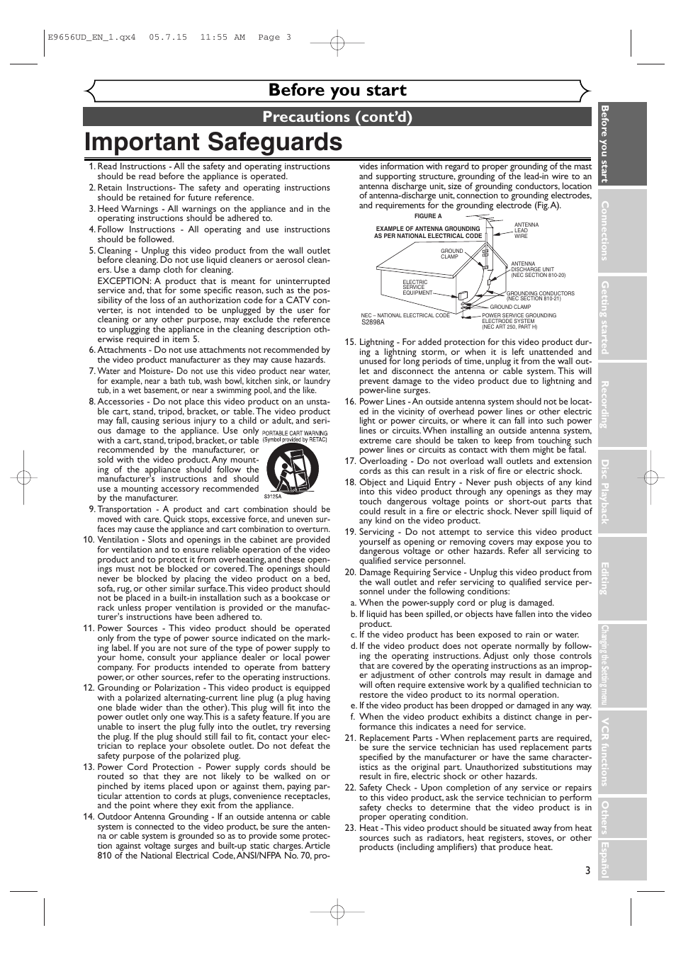 Important safeguards, Before you start, Precautions (cont’d) | Sharp DV-RW550U User Manual | Page 3 / 112