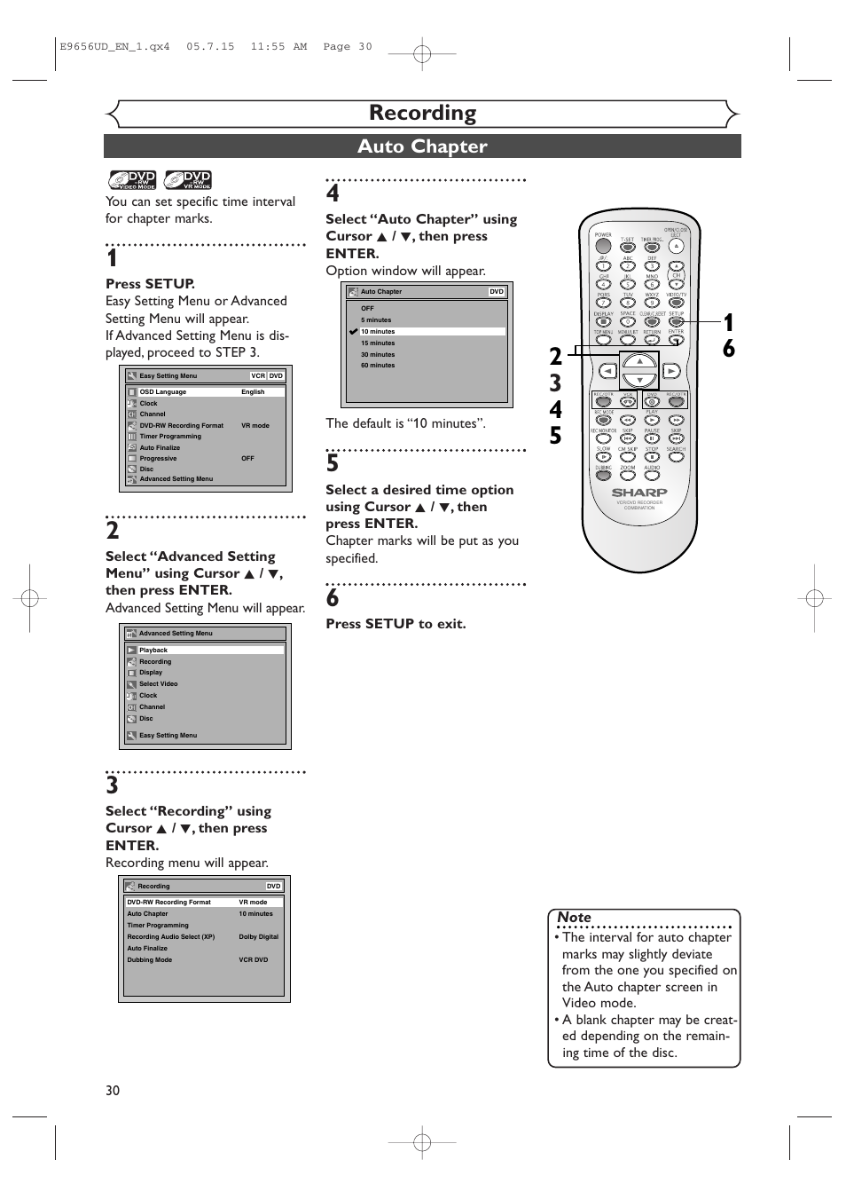 Recording, Auto chapter, Press setup to exit | Sharp DV-RW550U User Manual | Page 30 / 112