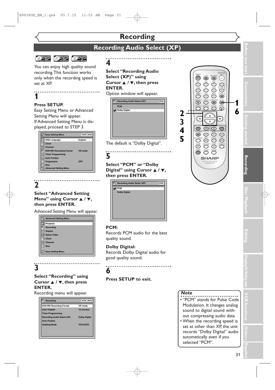 Recording, Recording audio select (xp), Press setup to exit | Sharp DV-RW550U User Manual | Page 31 / 112