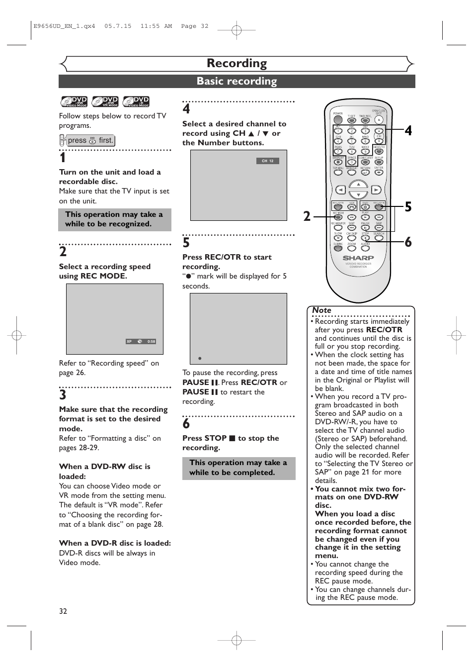 Recording, Basic recording | Sharp DV-RW550U User Manual | Page 32 / 112