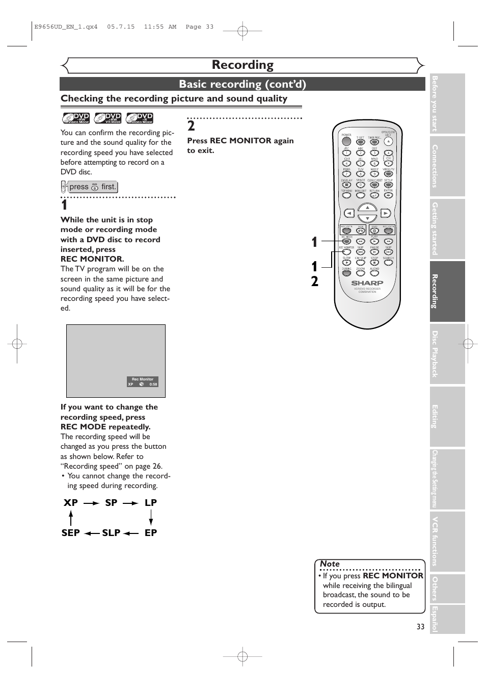 Recording, Basic recording (cont’d) | Sharp DV-RW550U User Manual | Page 33 / 112