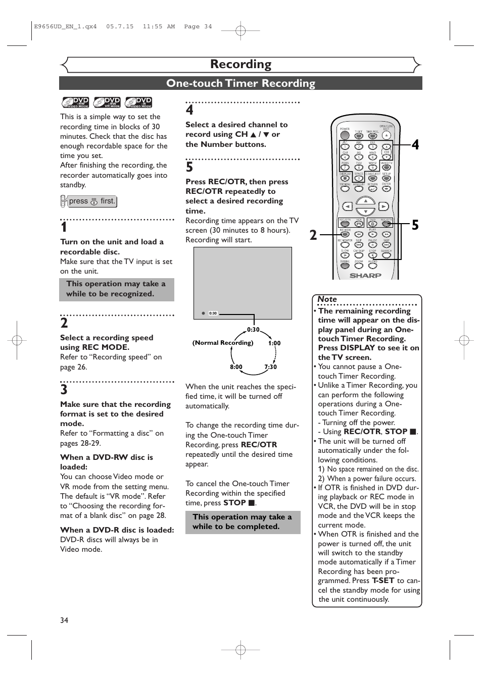 Recording, One-touch timer recording | Sharp DV-RW550U User Manual | Page 34 / 112