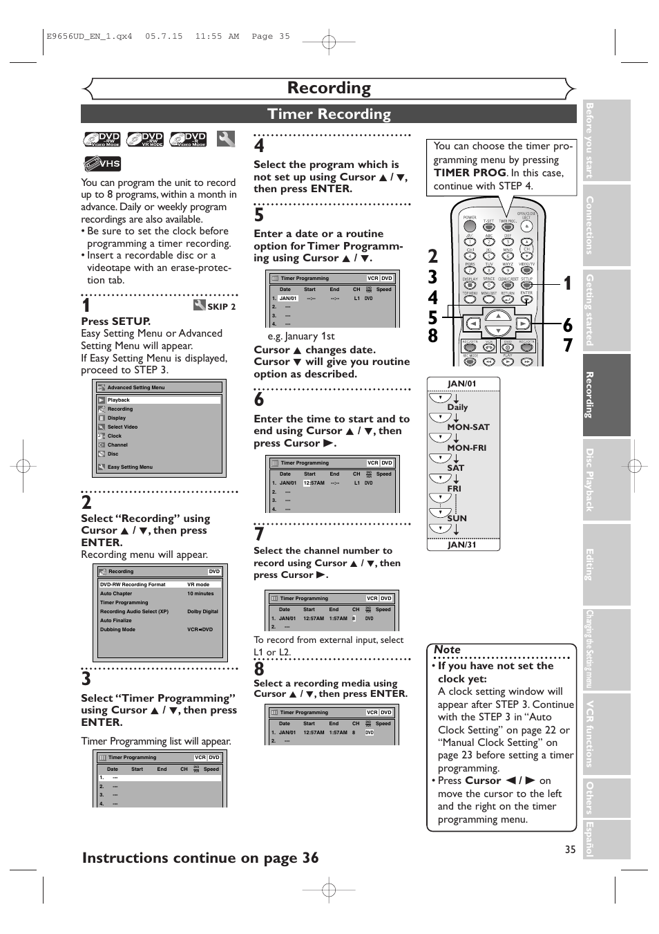 Recording, Timer recording, Instructions continue on page 36 | Sharp DV-RW550U User Manual | Page 35 / 112