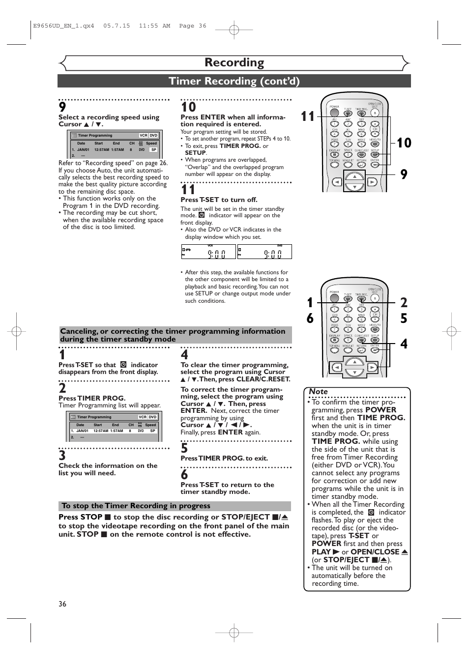 Recording, Timer recording (cont’d) | Sharp DV-RW550U User Manual | Page 36 / 112