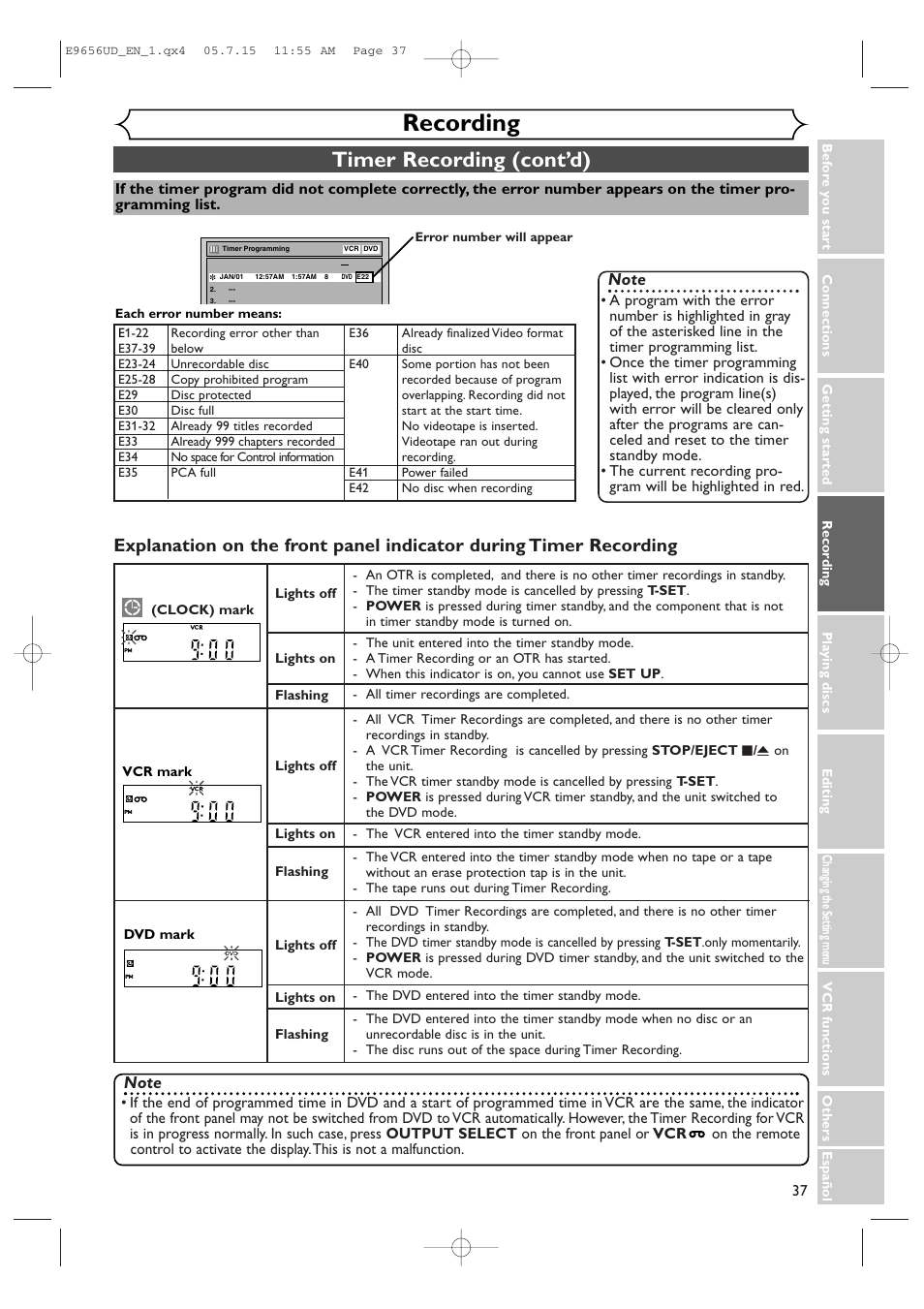 Recording, Timer recording (cont’d) | Sharp DV-RW550U User Manual | Page 37 / 112