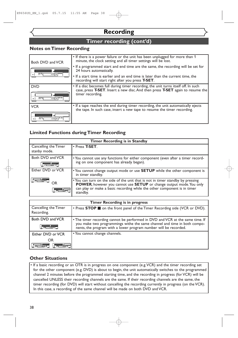 Recording, Timer recording (cont’d) | Sharp DV-RW550U User Manual | Page 38 / 112